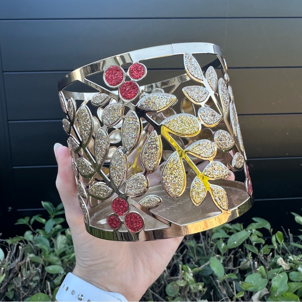 Bath & Body Works Gold Red Glitter Metal 3-Wick Candle Holder Collectible